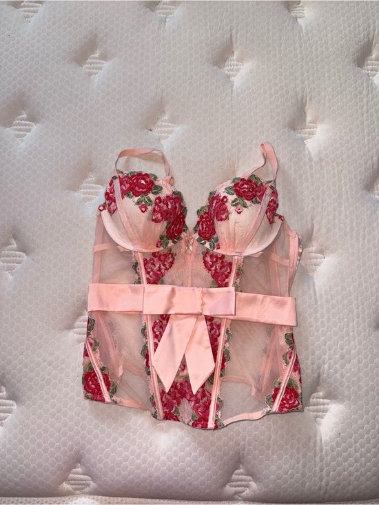 Victoria's Secret Other - Victoria's Secret Pink and Red Floral Embroidered Bustier with Satin Bow